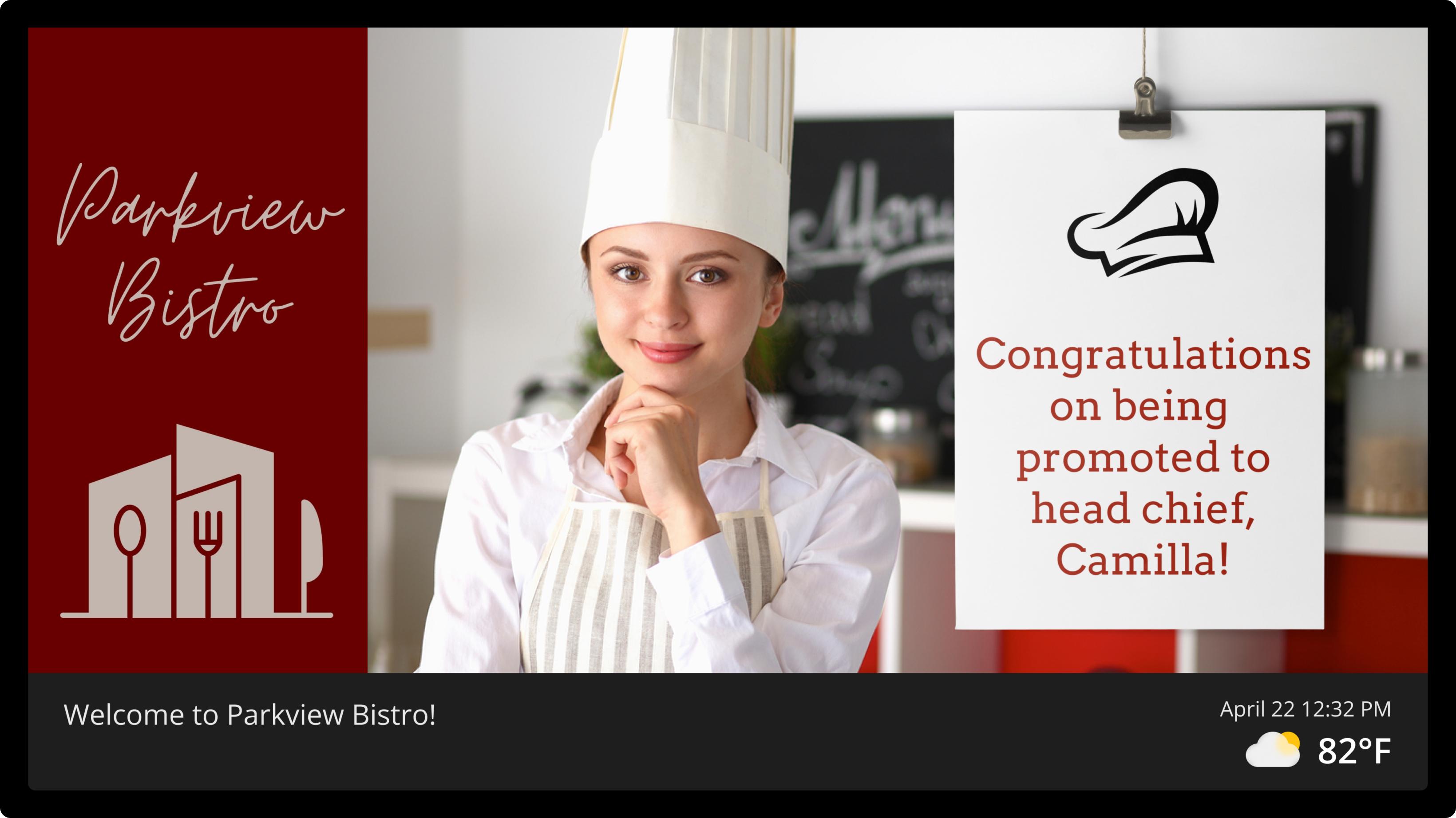 Screen example: Congratulations Kamilla on your first job as a Head Chef.